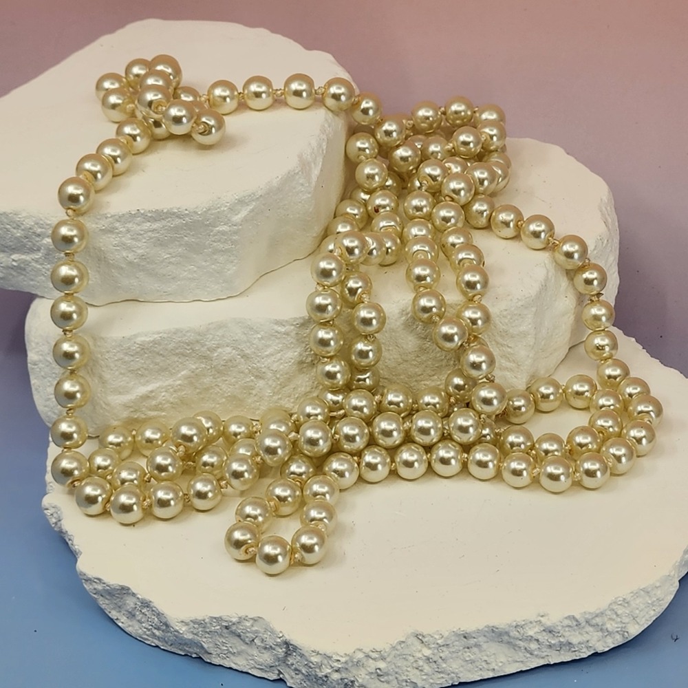 Cream Faux Pearl Necklace Long Knotted Strand Vintage Layering Bridal Statement